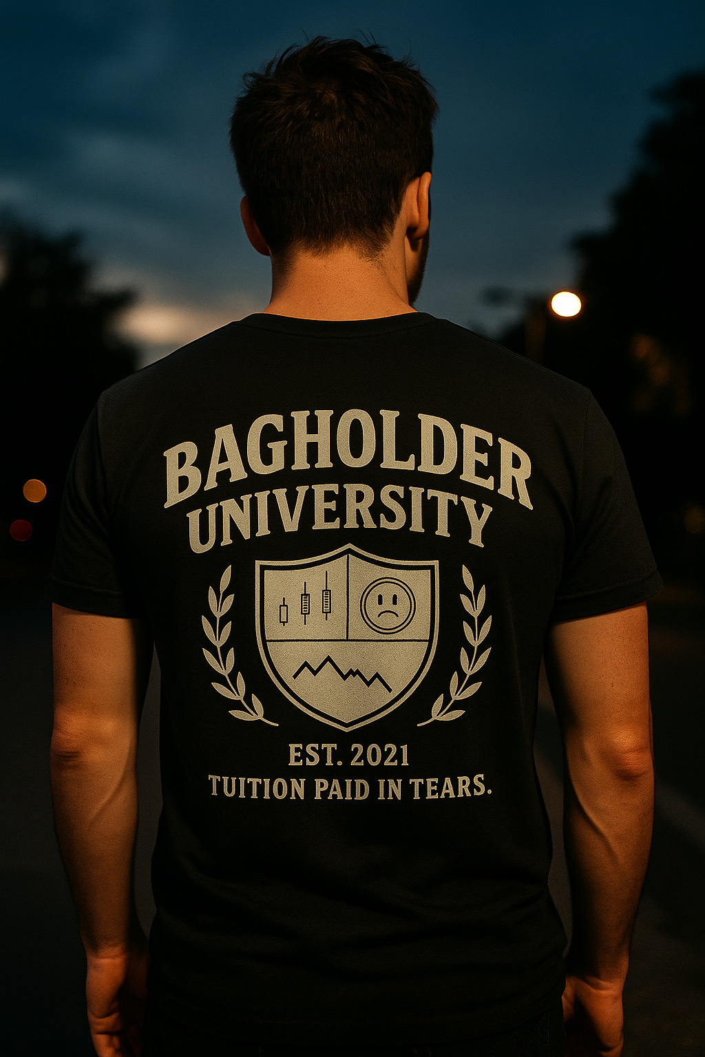 Bagholder University Shirt | Tuition Paid in Tears | Degen Den by Graphic Graveyard