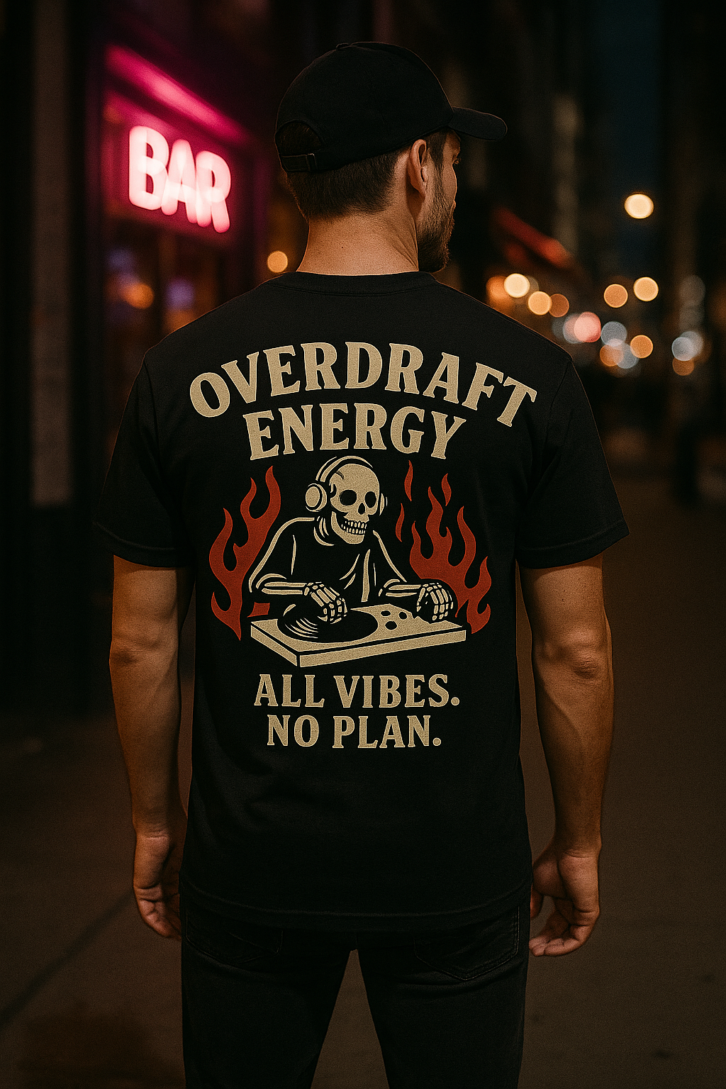Overdraft Energy | Legends Never Die Party Skull DJ Tee by Graphic Graveyard