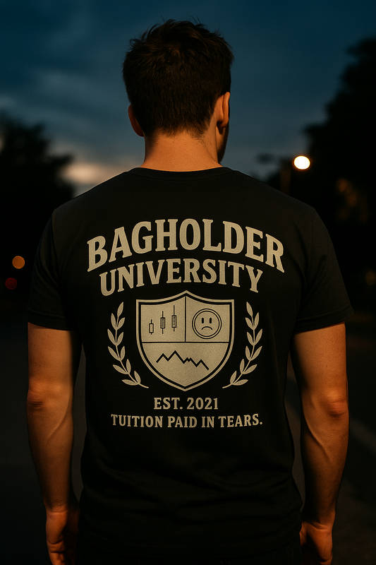 Bagholder University Shirt | Tuition Paid in Tears | Degen Den by Graphic Graveyard