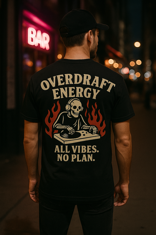 Overdraft Energy | Legends Never Die Party Skull DJ Tee by Graphic Graveyard
