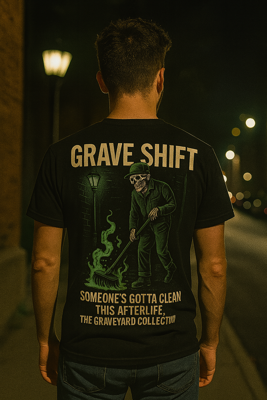Grave Shift Skeleton Janitor Shirt | Graveyard Collection Tee by Graphic Graveyard