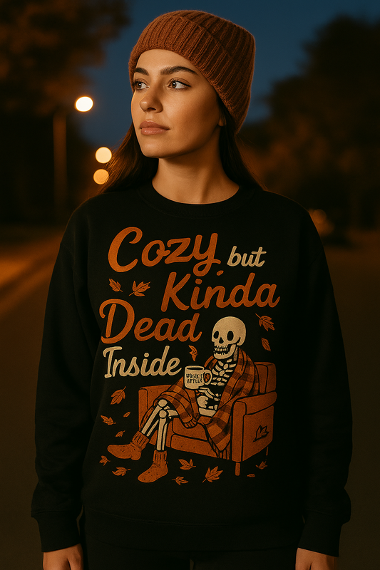 Cozy But Kinda Dead Inside | Fall Skeleton Sweatshirt by Graphic Graveyard