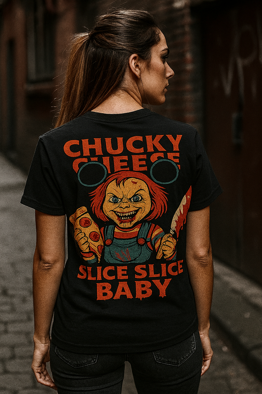 Chucky Cheese – Slice Slice Baby | Killer Meme Tee by Graphic Graveyard