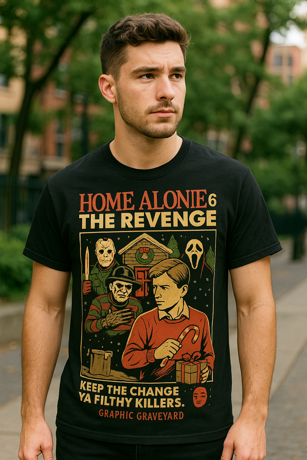 Home Alone 6: The Revenge Tee | Horror Christmas Shirt | The Naughty List Collection Graphic Graveyard