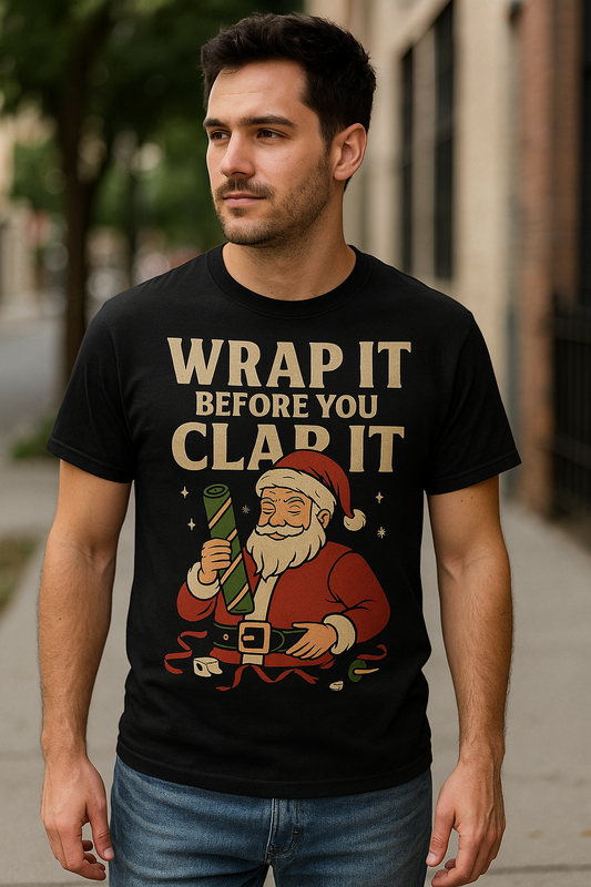 Wrap It Before You Clap It Tee | Funny Christmas Shirt | The Naughty List Collection Graphic Graveyard