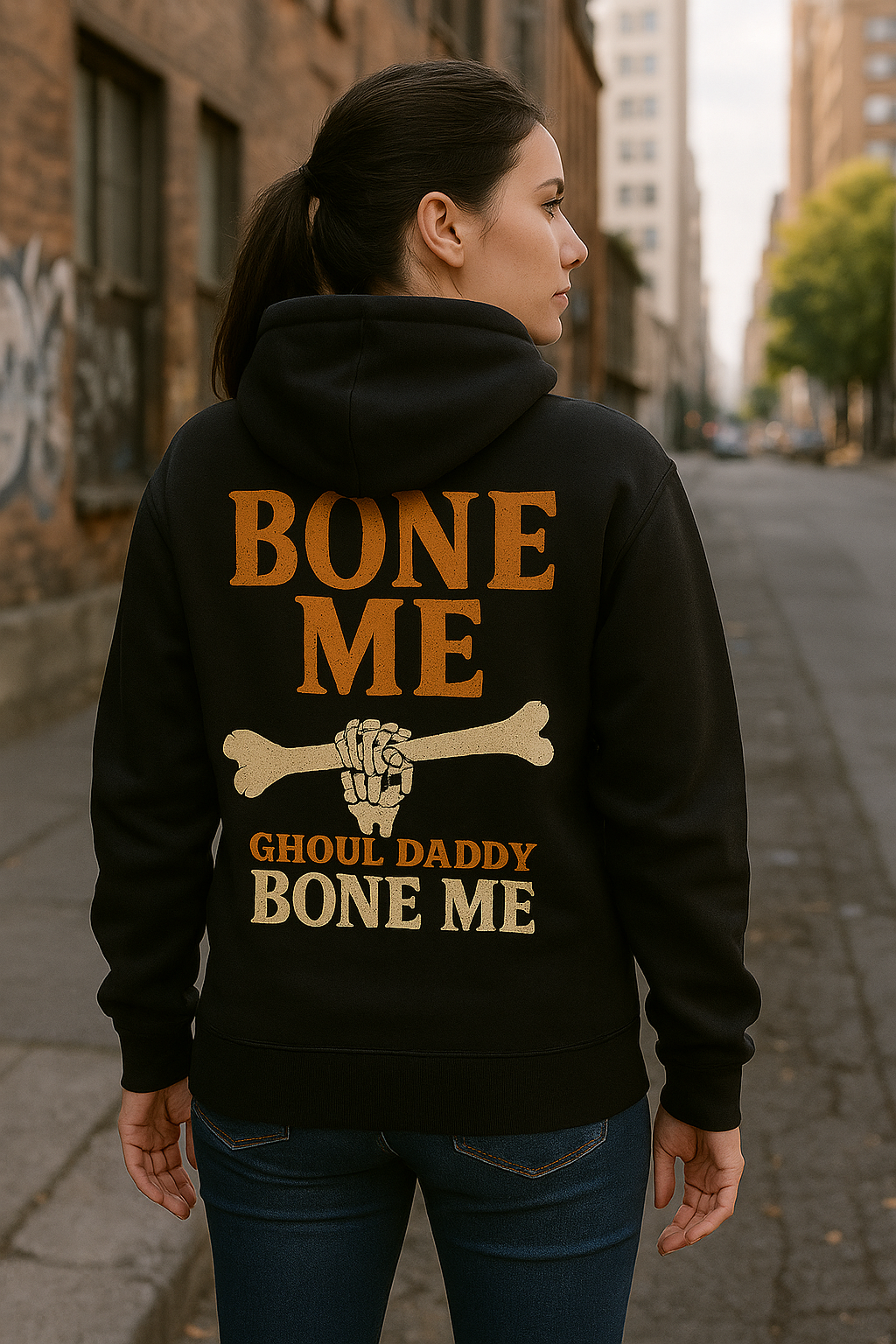 Bone Me Ghoul Daddy | Fright & Fall Saucy Skeleton Hoodie by Graphic Graveyard Graphic Graveyard