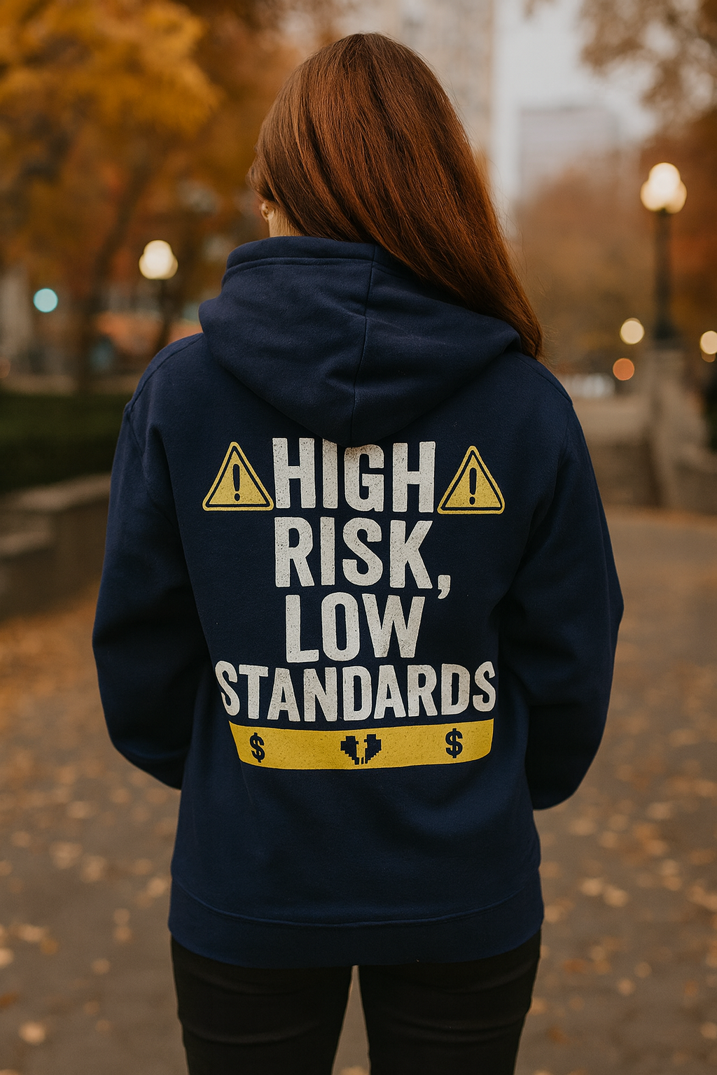 High Risk, Low Standards Hoodie | Degen Den by Graphic Graveyard Graphic Graveyard