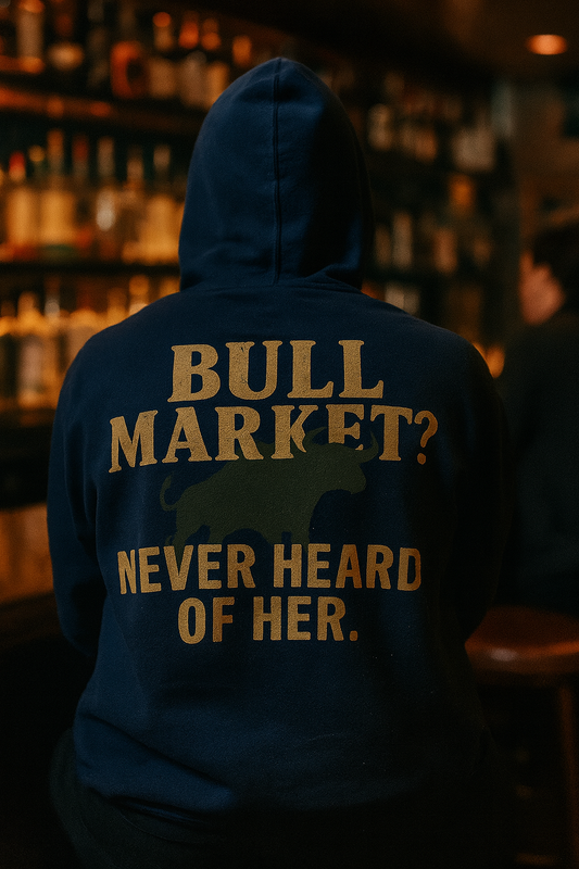 Bull Market? Never Heard of Her Hoodie | Degen Den by Graphic Graveyard Graphic Graveyard