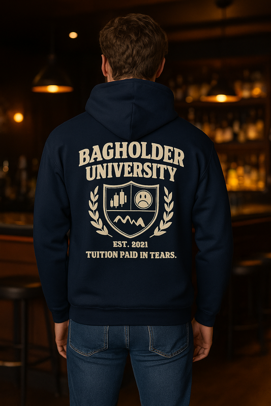 Bagholder University Hoodie | Degen Den by Graphic Graveyard Graphic Graveyard