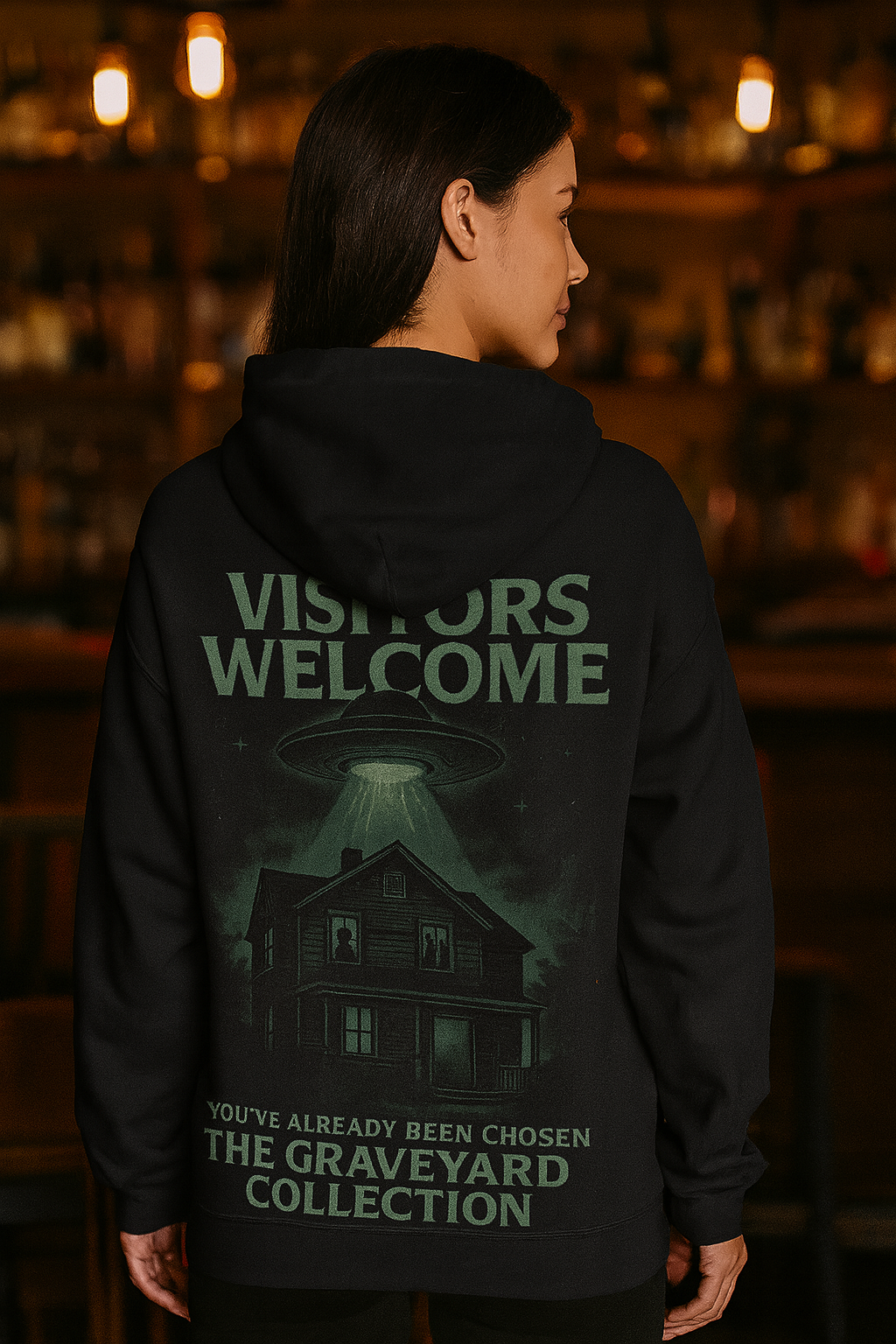 Visitors Welcome | Alien Abduction Hoodie by The Graveyard Collection Graphic Graveyard